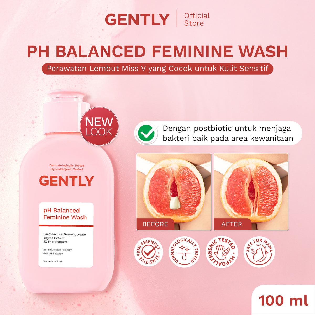 GENTLY pH Balanced Feminine Wash 100ml & 60ml - Pembersih Kewanitaan Kurangi Gatal, Bau, Keputihan - Natural & Lembut untuk kulit Sensitive - Dermatologically dan Hypoallergenic