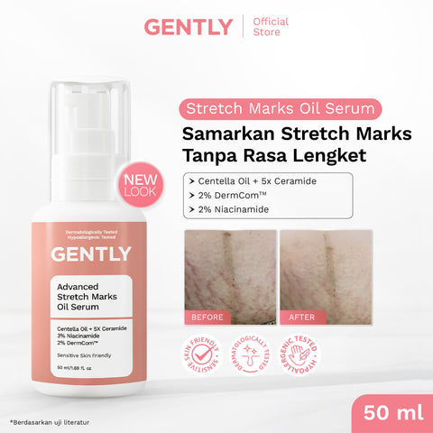GENTLY Advanced Stretch Marks Oil Serum | Arnica Oil + 5x Ceramide + Magnolia Extract + 3% Niacinamide Snow Crocus Extract + Vegan Collagen | Skincare Ibu Hamil dan Menyusui Terdaftar BPOM | Oil Serum untuk Menyamarkan Peregangan Kulit