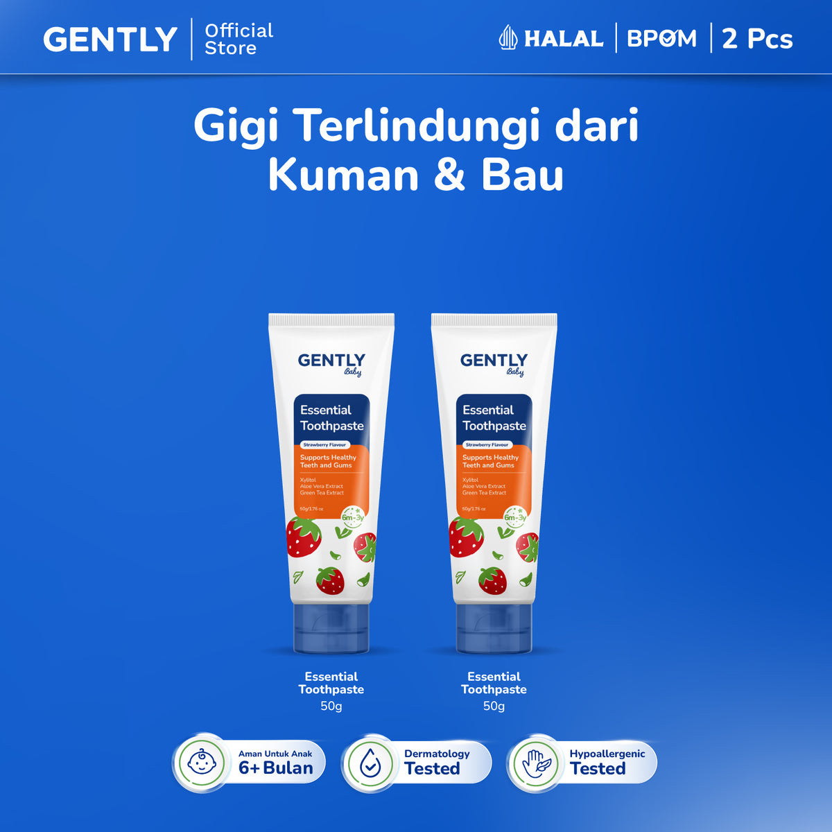 GENTLY Baby Essential Toothpaste - Pasta Gigi Bayi Anak 50 gr | Aman Tertelan | Rasa Strawberry