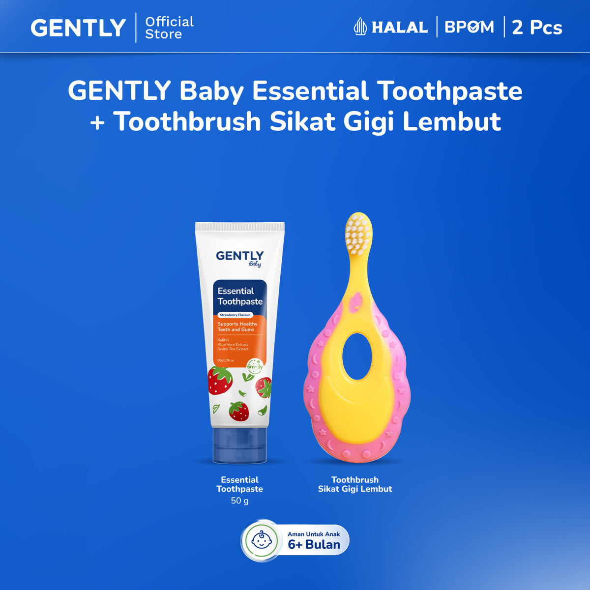 GENTLY Baby Essential Toothpaste - Pasta Gigi Bayi Anak 50 gr | Aman Tertelan | Rasa Strawberry