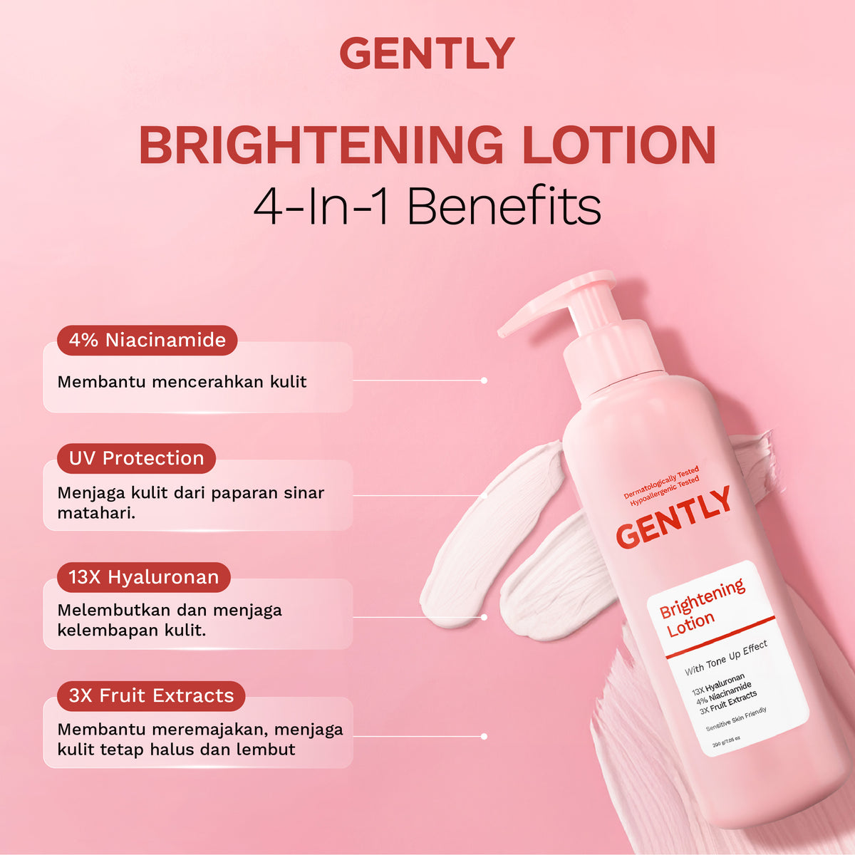 GENTLY Brightening Lotion 200gr - Body Lotion Mencerahkan Kulit, 4% Niacinamide