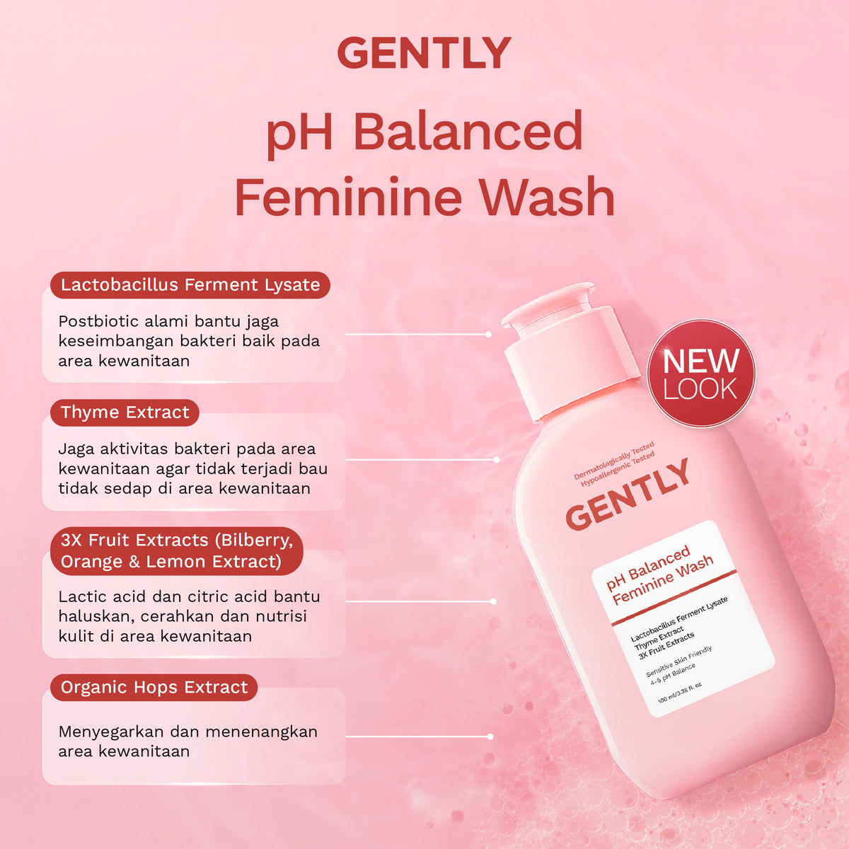 GENTLY pH Balanced Feminine Wash 100ml & 60ml - Pembersih Kewanitaan Kurangi Gatal, Bau, Keputihan - Natural & Lembut untuk kulit Sensitive - Dermatologically dan Hypoallergenic