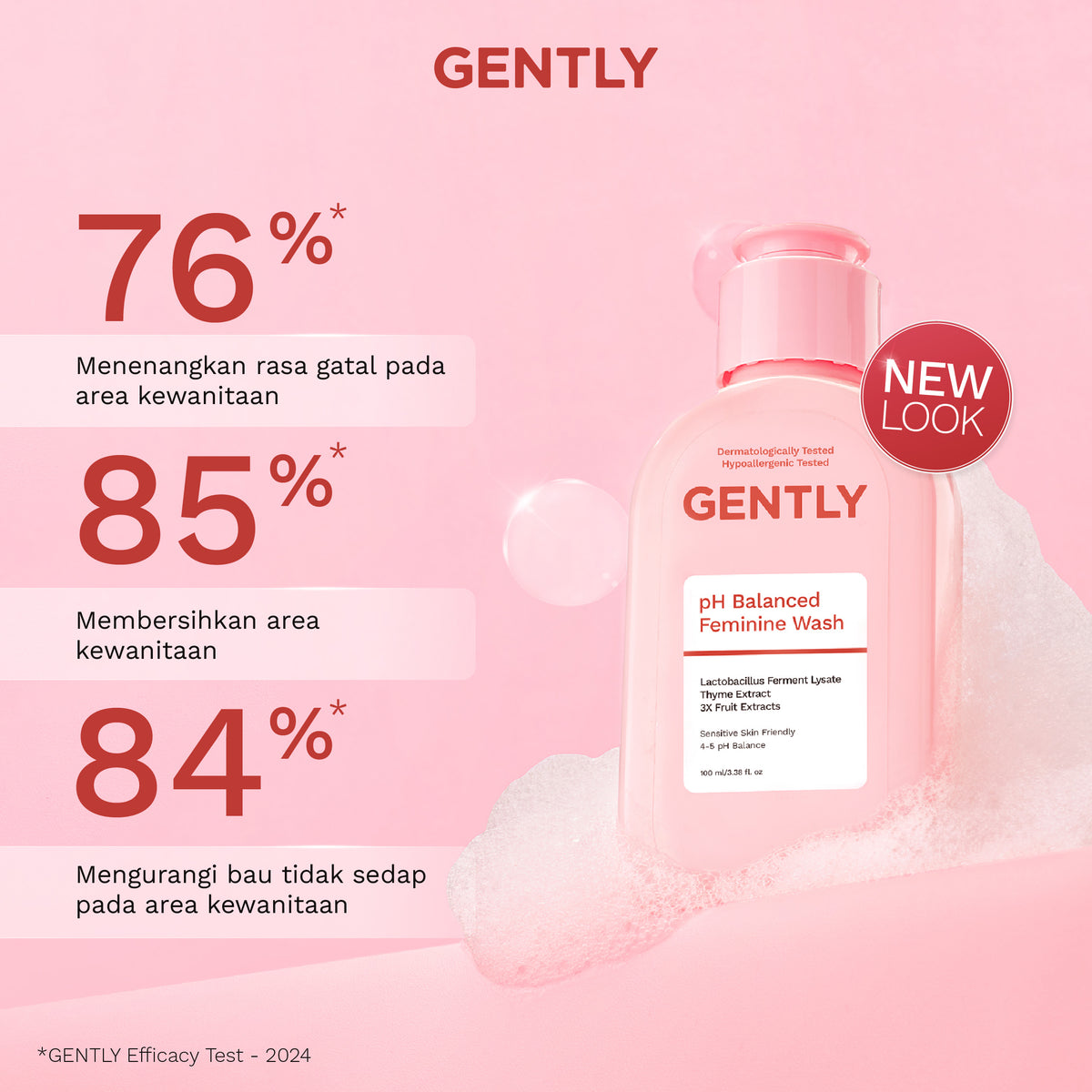 GENTLY pH Balanced Feminine Wash 100ml & 60ml - Pembersih Kewanitaan Kurangi Gatal, Bau, Keputihan - Natural & Lembut untuk kulit Sensitive - Dermatologically dan Hypoallergenic