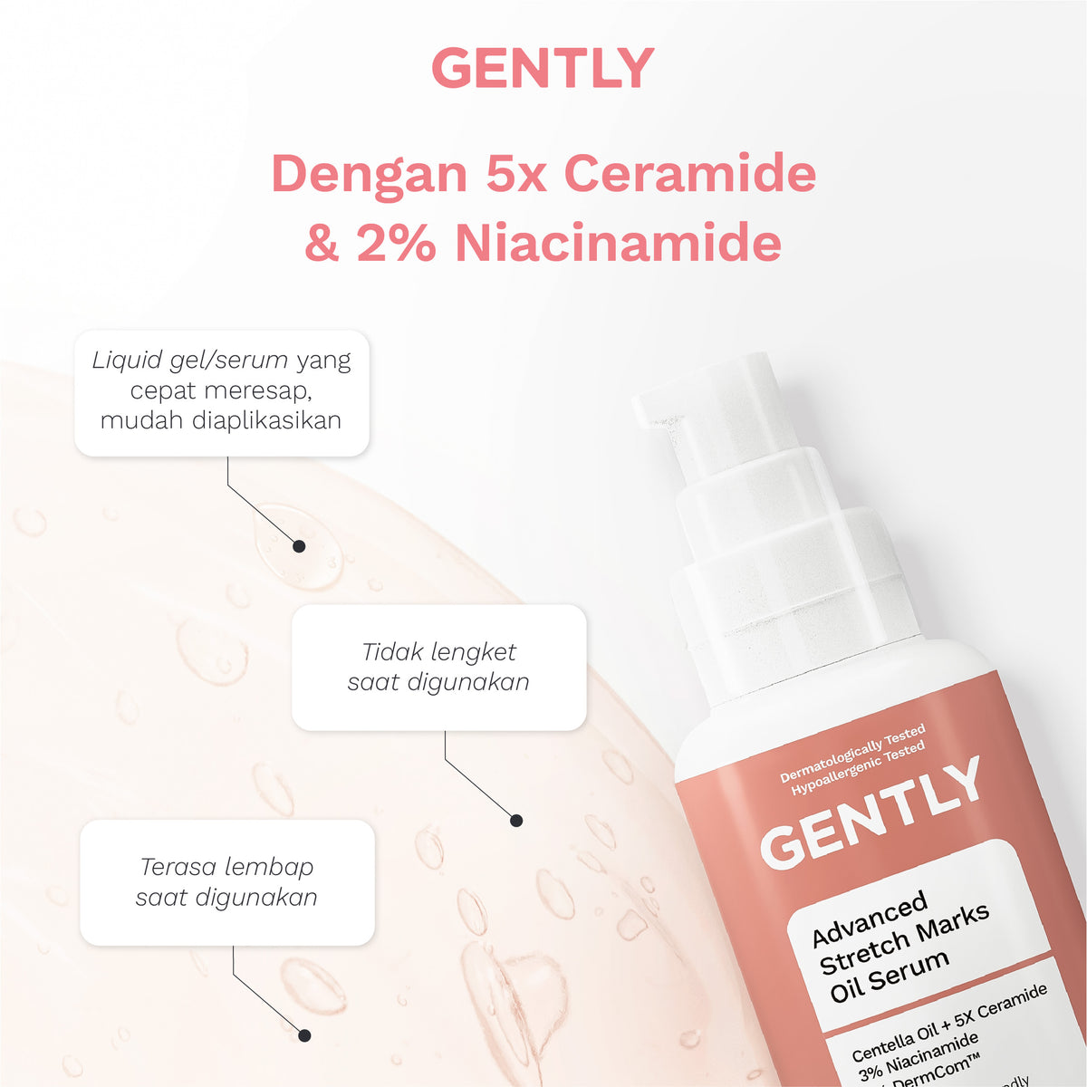 GENTLY Advanced Stretch Marks Oil Serum | Arnica Oil + 5x Ceramide + Magnolia Extract + 3% Niacinamide Snow Crocus Extract + Vegan Collagen | Skincare Ibu Hamil dan Menyusui Terdaftar BPOM | Oil Serum untuk Menyamarkan Peregangan Kulit