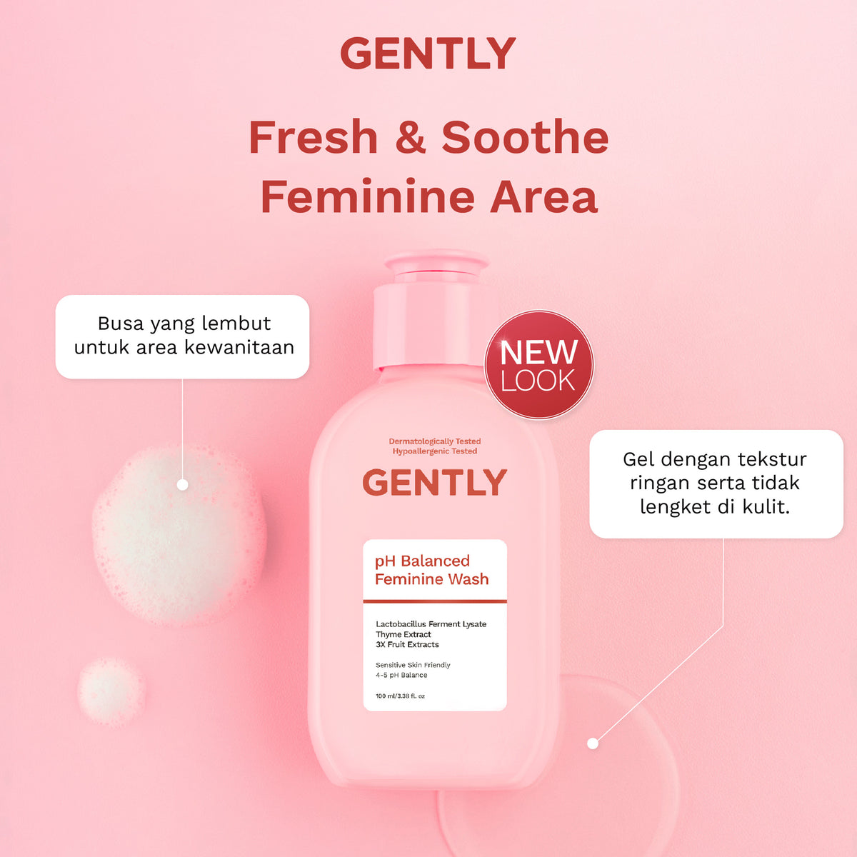 GENTLY pH Balanced Feminine Wash 100ml & 60ml - Pembersih Kewanitaan Kurangi Gatal, Bau, Keputihan - Natural & Lembut untuk kulit Sensitive - Dermatologically dan Hypoallergenic