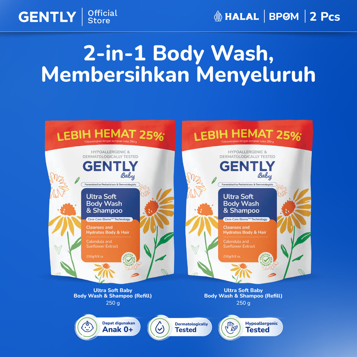 GENTLY Baby Ultra Soft Body Wash & Shampoo Pouch 250ml | Sabun & Shampoo Bayi  2in1 Menutrisi Kulit dan Rambut