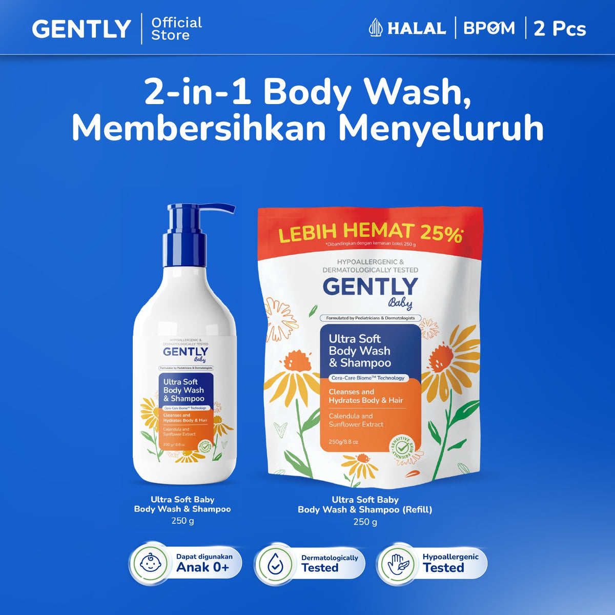 GENTLY Baby Ultra Soft Body Wash & Shampoo Pouch 250ml | Sabun & Shampoo Bayi  2in1 Menutrisi Kulit dan Rambut