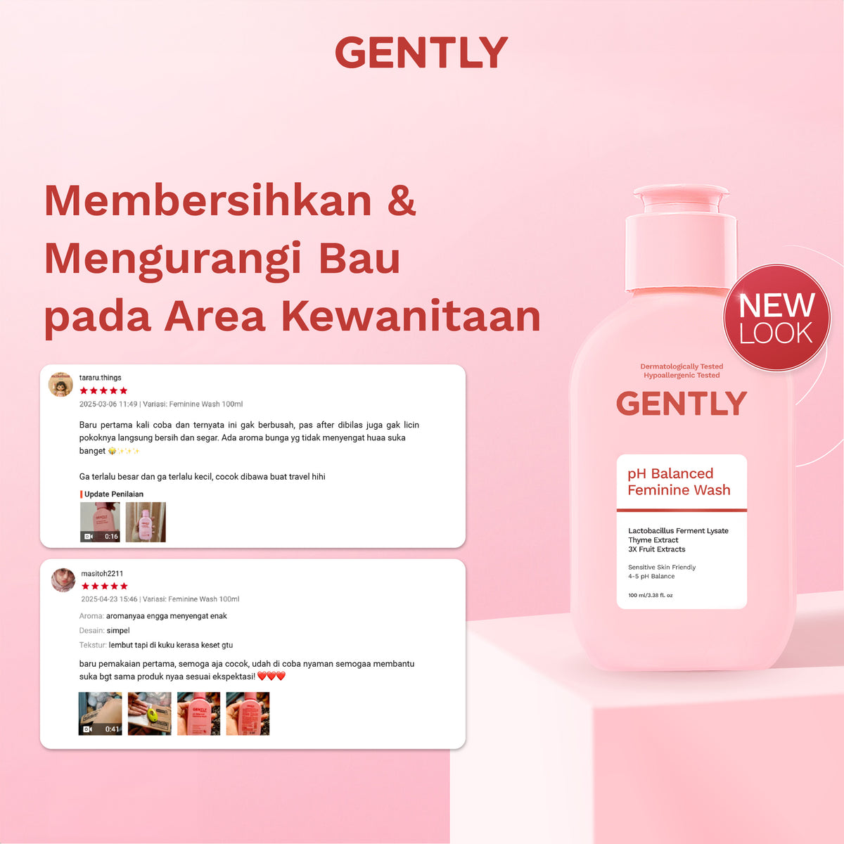GENTLY pH Balanced Feminine Wash 100ml & 60ml - Pembersih Kewanitaan Kurangi Gatal, Bau, Keputihan - Natural & Lembut untuk kulit Sensitive - Dermatologically dan Hypoallergenic
