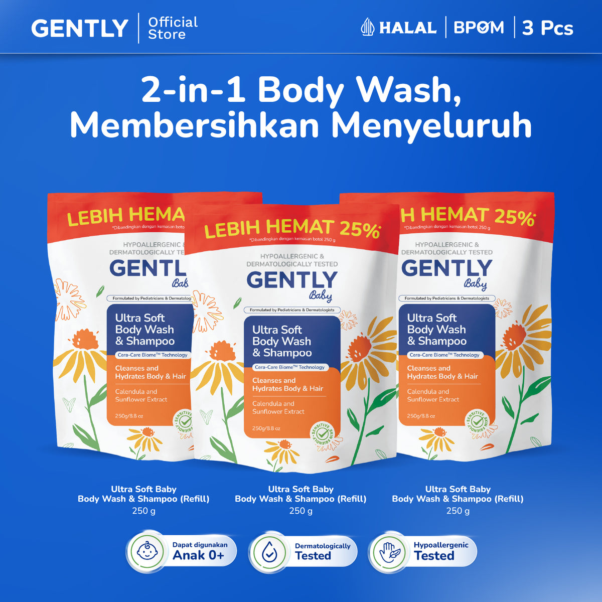 GENTLY Baby Ultra Soft Body Wash & Shampoo Pouch 250ml | Sabun & Shampoo Bayi  2in1 Menutrisi Kulit dan Rambut