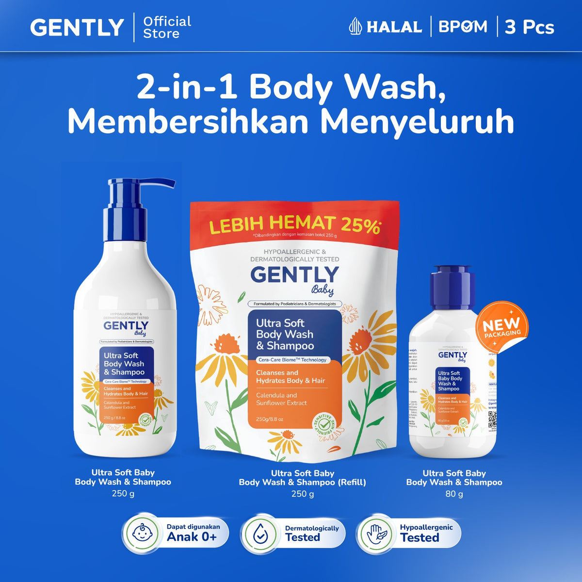 GENTLY Baby Ultra Soft Body Wash & Shampoo Pouch 250ml | Sabun & Shampoo Bayi  2in1 Menutrisi Kulit dan Rambut
