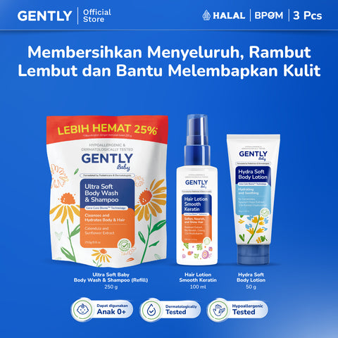 GENTLY Baby Gentle Care Package | Ultra Soft Body Wash & Shampoo Sabun Pembersih Badan dan Rambut Bayi & Anak | Non SLS/SLES, Hair Lotion Smooth Keratin Lotion Anak Penumbuh, Penebal Rambut, Hydra Soft Body Lotion 50gr Body Lotion Moisturizer Bayi & Anak
