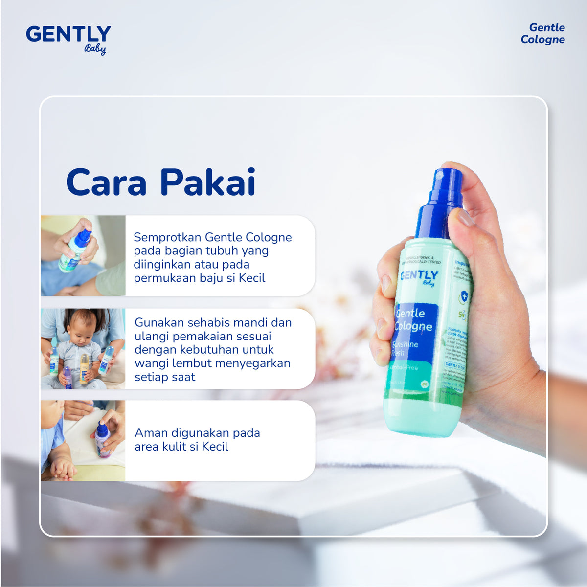 GENTLY Baby Gentle Cologne - Parfum Bayi Non Alkohol - Wangi Parfum Tahan Lama - Newborn & Sensitive-skin Friendly