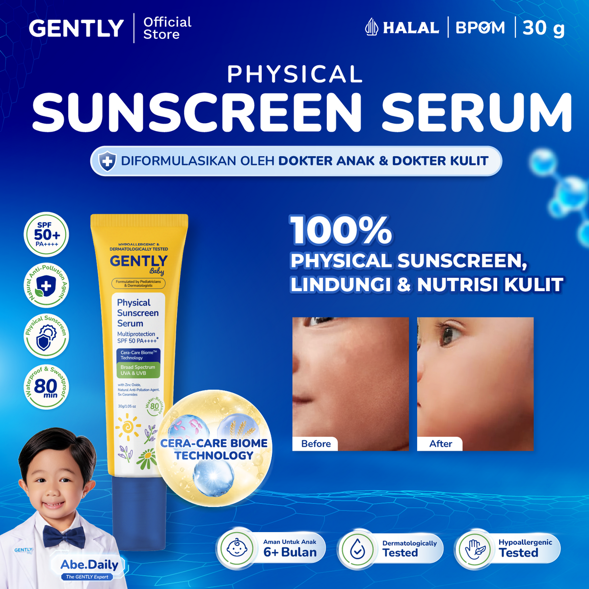 GENTLY Baby Physical Sunscreen Serum Bayi Anak 30 gr | SPF 50 PA++++ Anti-Polusi | Tahan Air & Keringat