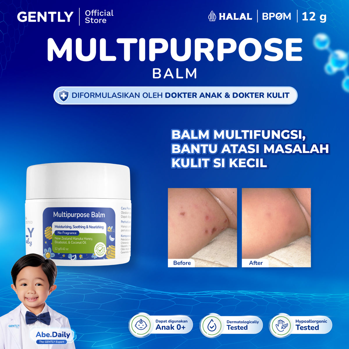 GENTLY Baby Multipurpose Balm 12gr - Baby Balm Multifungsi dengan New Zealand Manuka Honey | 5x Ceramides | Untuk Kulit Sensitif & Kering