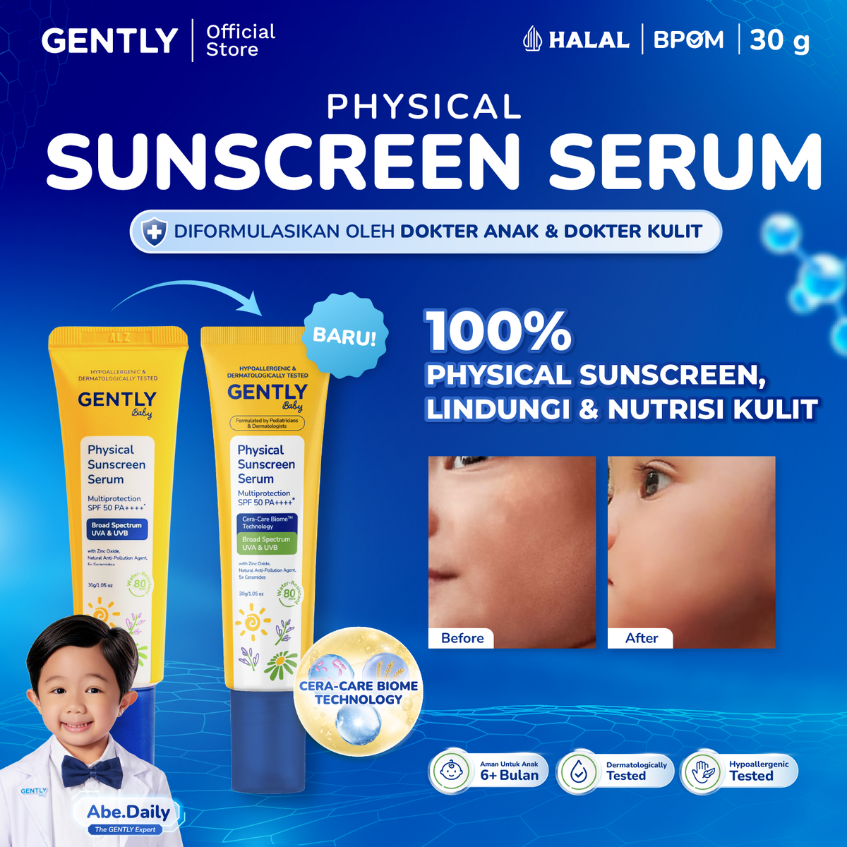 GENTLY Baby Physical Sunscreen Serum Bayi Anak 30 gr | SPF 50 PA++++ Anti-Polusi | Tahan Air & Keringat