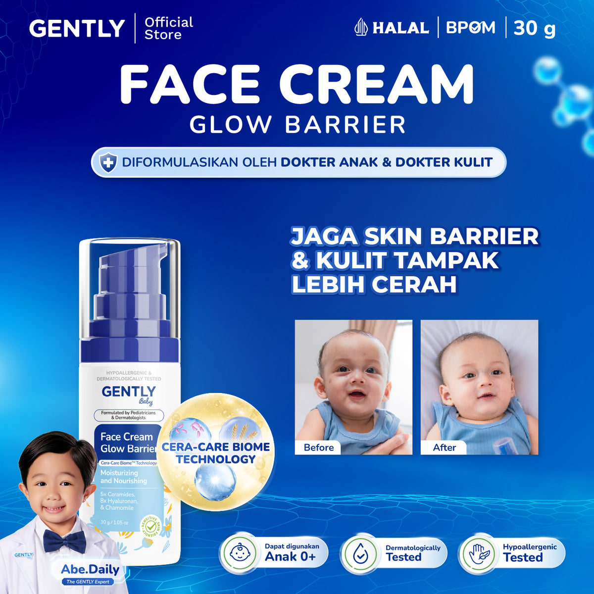 GENTLY Baby Face Cream Glow Barrier 30g | Pelembap Wajah Bayi Jaga Skin Barrier & Kulit Tampak Lebih Cerah | Skincare Bayi
