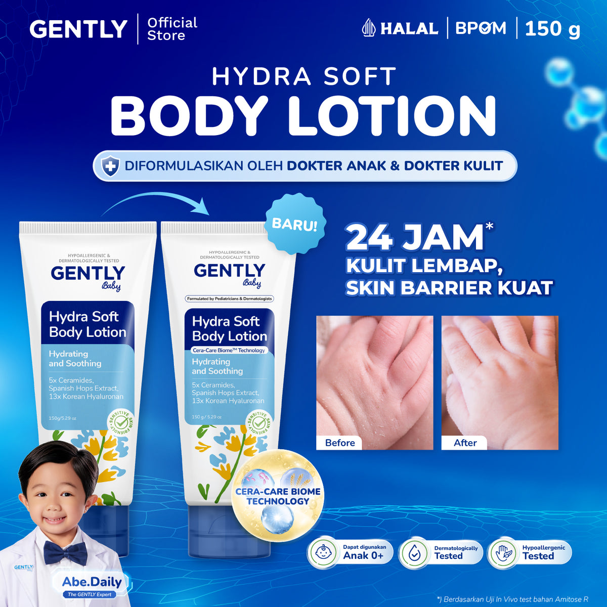 GENTLY Baby Hydra Soft Body Lotion 150g | Lotion Bayi Kulit Lembap 24 Jam, Sehat, Skin Barrier Terawat | Lotion Anak Untuk Kulit Kering dan Sensitif