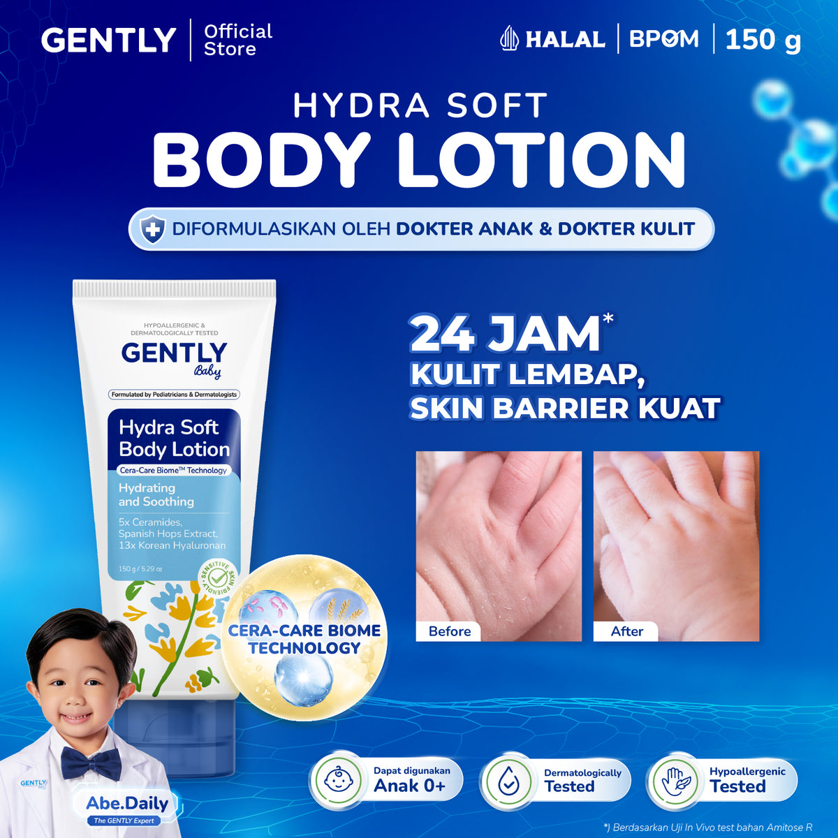 GENTLY Baby Hydra Soft Body Lotion 150g | Lotion Bayi Kulit Lembap 24 Jam, Sehat, Skin Barrier Terawat | Lotion Anak Untuk Kulit Kering dan Sensitif