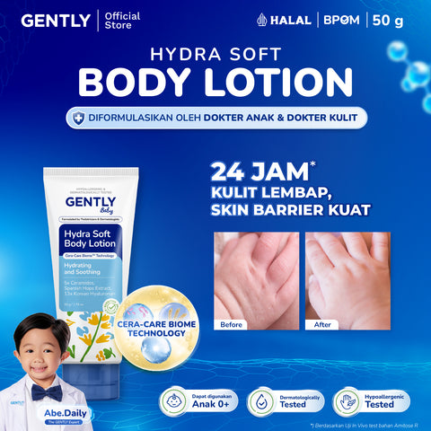GENTLY Baby Hydra Soft Body Lotion 50g | Lotion Bayi Kulit Lembap 24 Jam, Sehat, Skin Barrier Terawat | Lotion Anak Untuk Kulit Kering dan Sensitif