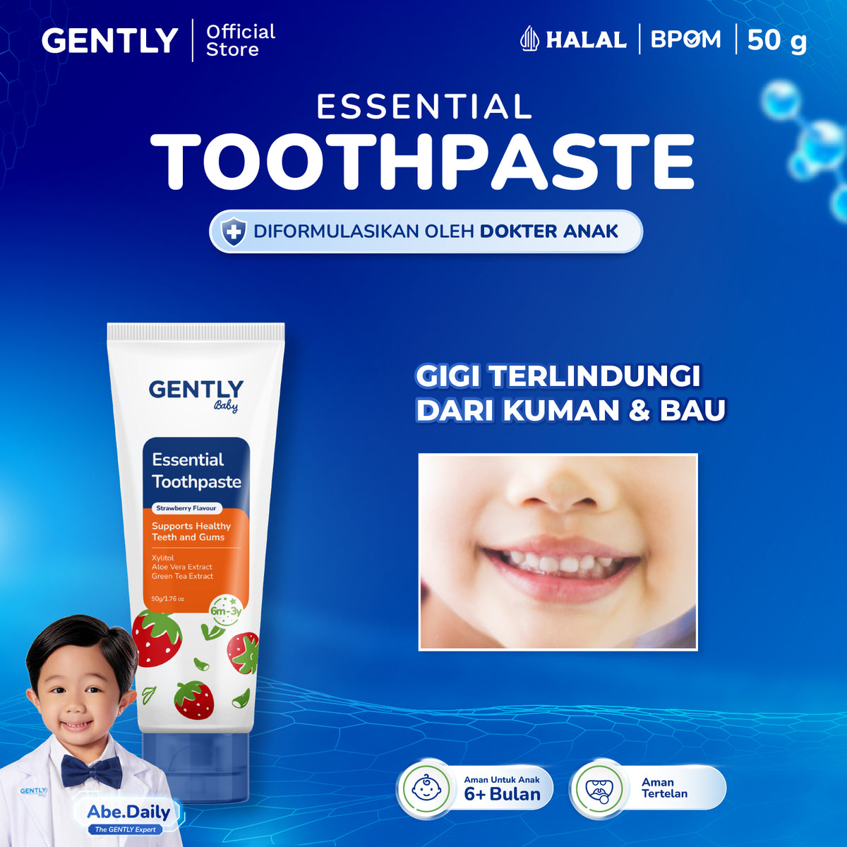 GENTLY Baby Essential Toothpaste - Pasta Gigi Bayi Anak 50 gr | Aman Tertelan | Rasa Strawberry