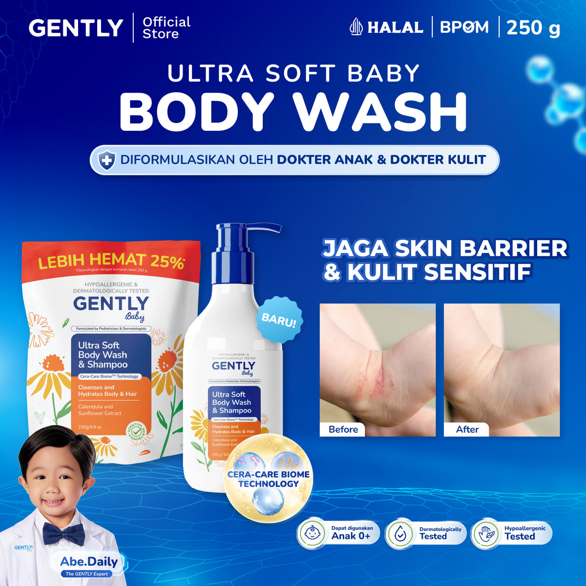 GENTLY Baby Ultra Soft Body Wash & Shampoo Pump 250ml | Sabun & Shampoo Bayi  2in1 Menutrisi Kulit dan Rambut