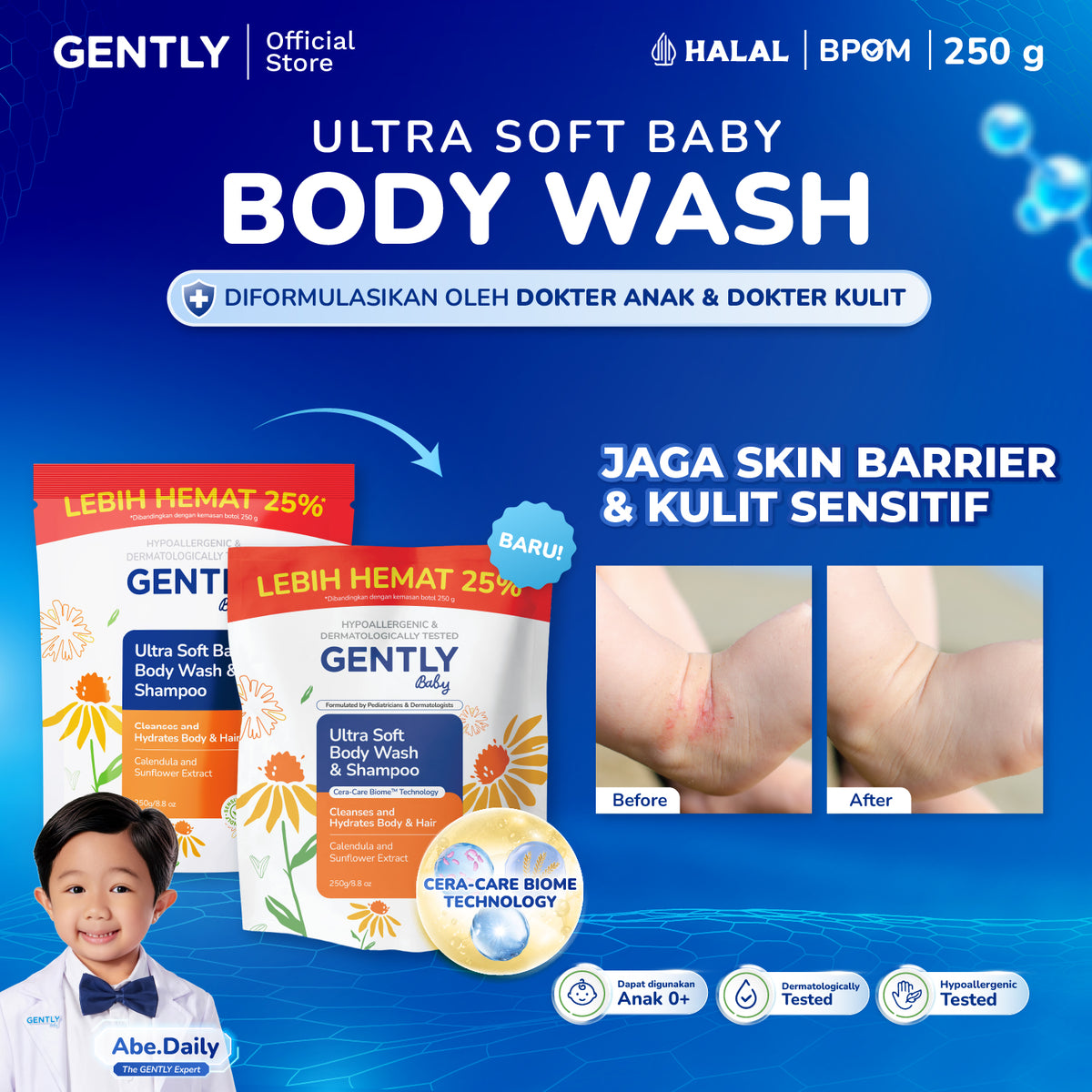 GENTLY Baby Ultra Soft Body Wash & Shampoo Pouch 250ml | Sabun & Shampoo Bayi  2in1 Menutrisi Kulit dan Rambut