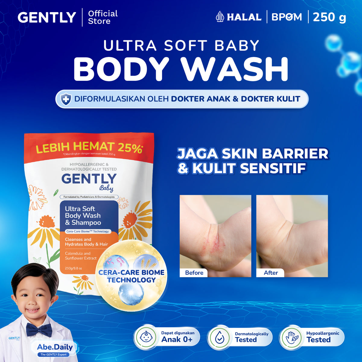 GENTLY Baby Ultra Soft Body Wash & Shampoo Pump 250ml | Sabun & Shampoo Bayi  2in1 Menutrisi Kulit dan Rambut