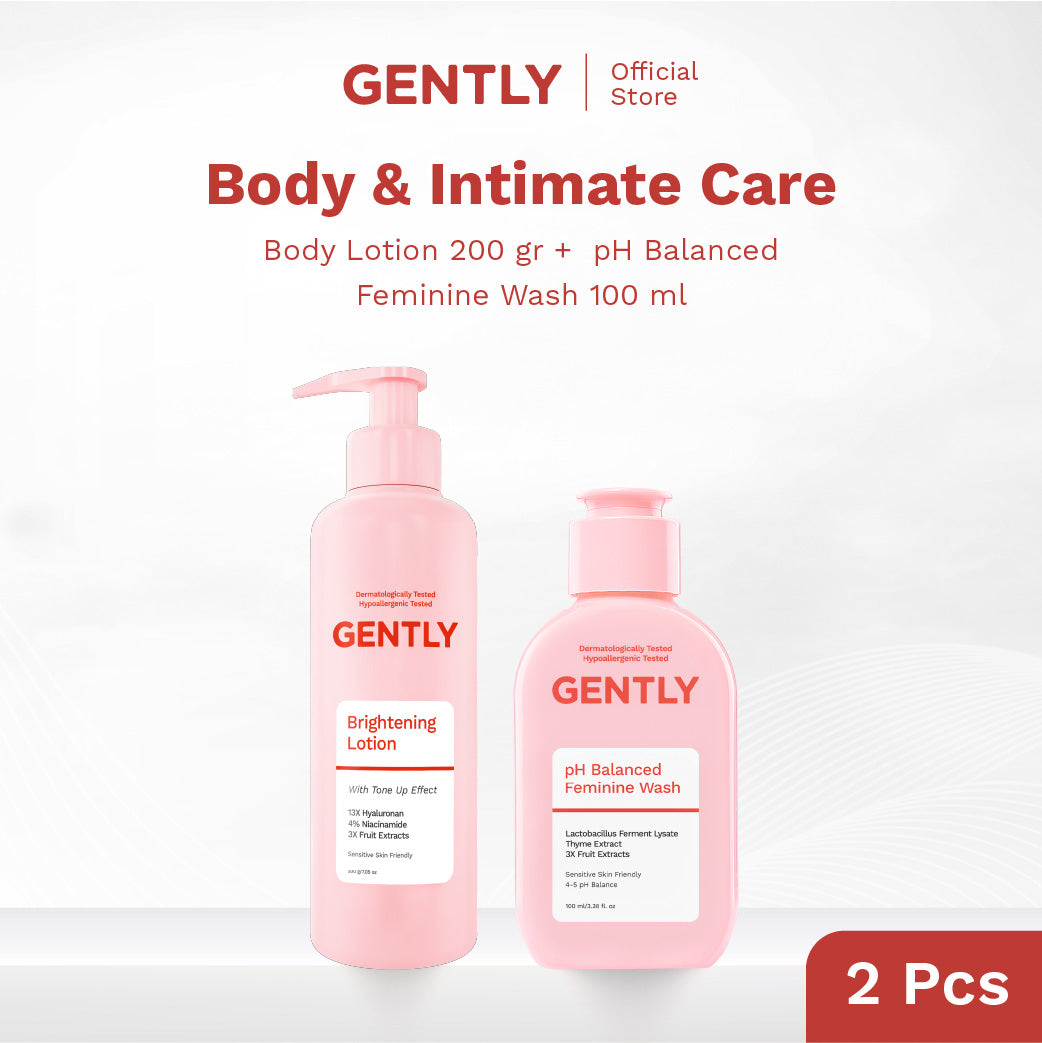 GENTLY Paket Hemat | pH Balanced Feminine Wash Fruit Series 100ml + Brightening Lotion 200gr | Feminine Wash Sabun Miss V | Body Lotion Mencerahkan | Untuk Kulit Sensitif