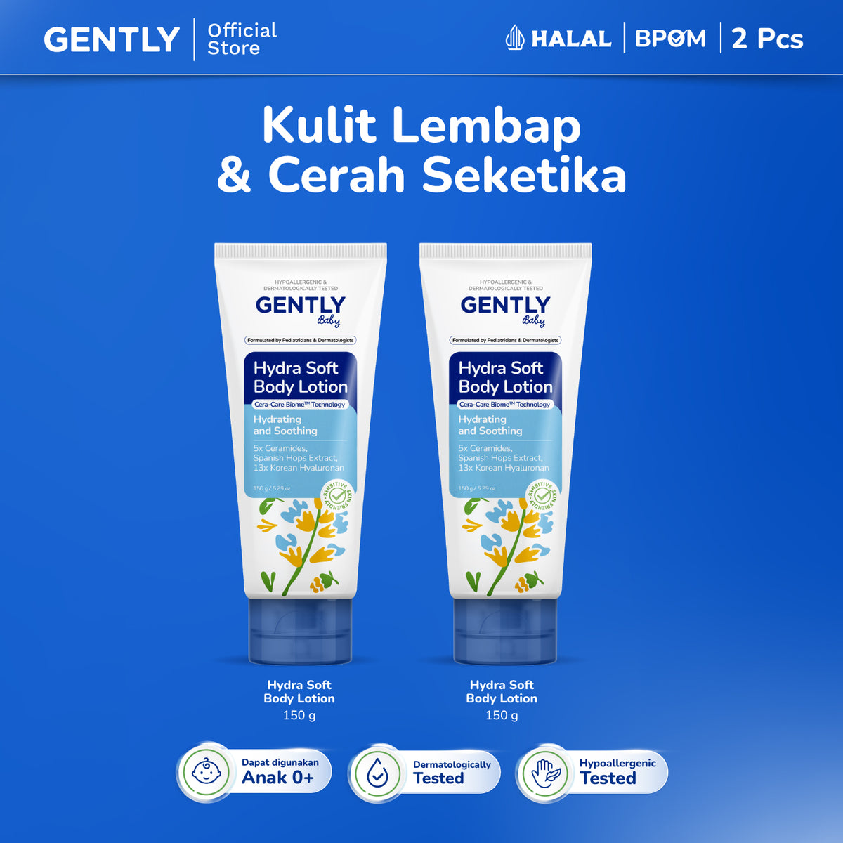 GENTLY Baby Hydra Soft Body Lotion 150g | Lotion Bayi Kulit Lembap 24 Jam, Sehat, Skin Barrier Terawat | Lotion Anak Untuk Kulit Kering dan Sensitif