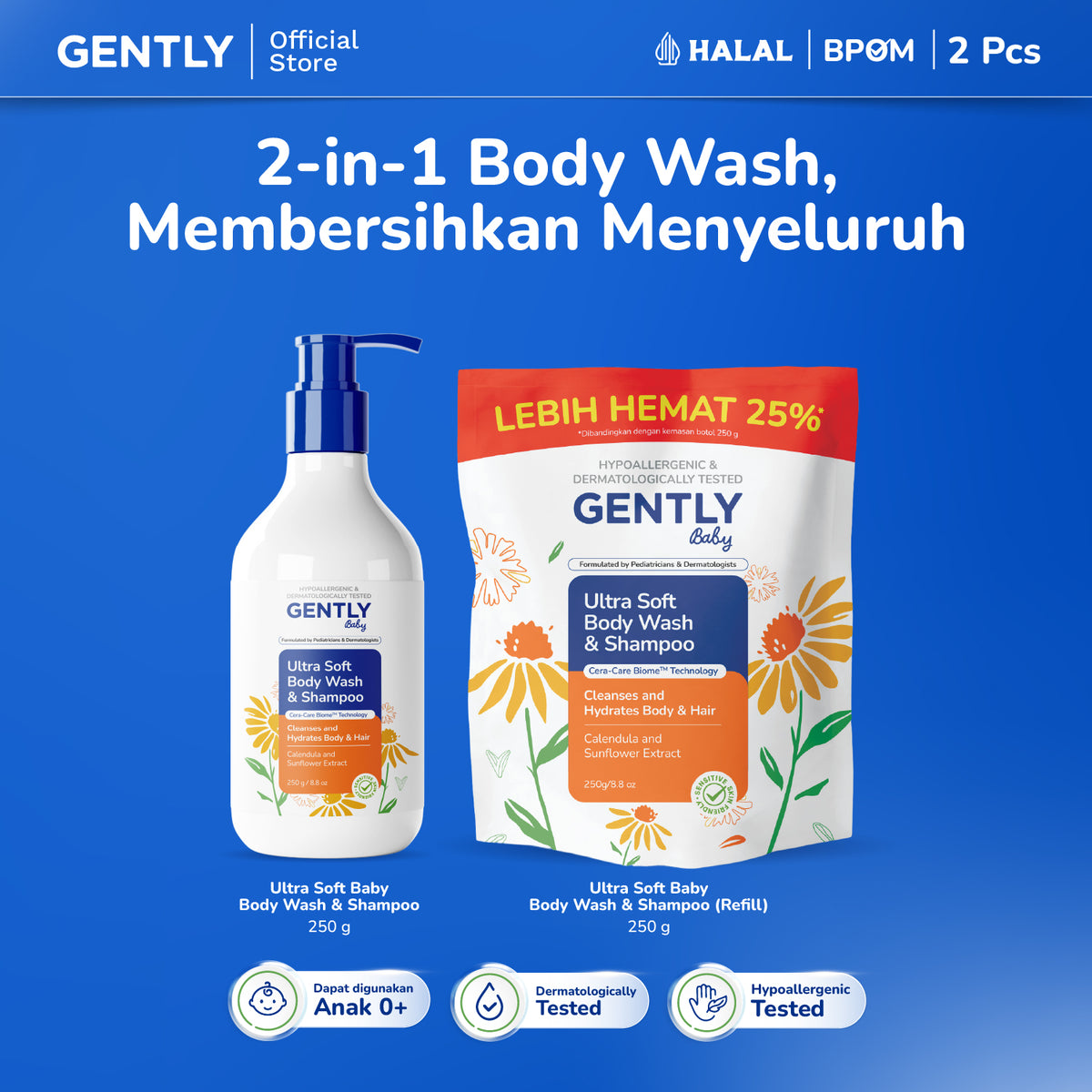 GENTLY Baby Ultra Soft Body Wash & Shampoo Pump 250ml | Sabun & Shampoo Bayi  2in1 Menutrisi Kulit dan Rambut