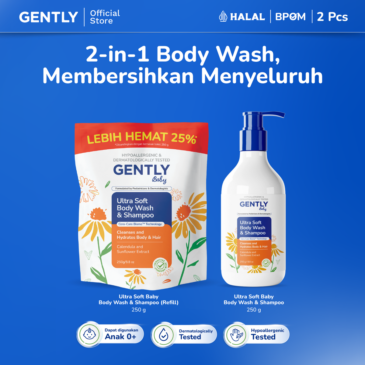 GENTLY Baby Ultra Soft Body Wash & Shampoo Pouch 250ml | Sabun & Shampoo Bayi  2in1 Menutrisi Kulit dan Rambut