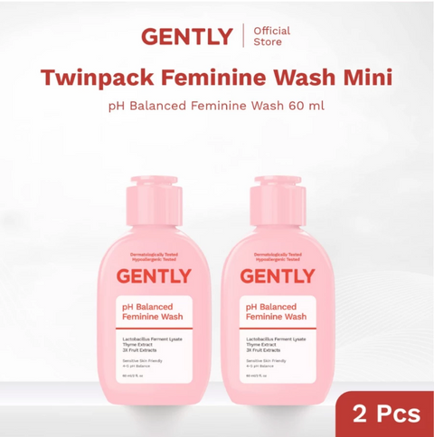GENTLY pH Balanced Feminine Wash 60ml Twinpack - Pembersih Kewanitaan Kurangi Gatal, Bau, Keputihan - Natural & Lembut untuk kulit Sensitive - Dermatologically dan Hypoallergenic