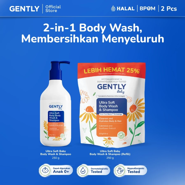 GENTLY Baby Ultra Soft Body Wash & Shampoo Pouch 250ml | Sabun & Shampoo Bayi  2in1 Menutrisi Kulit dan Rambut