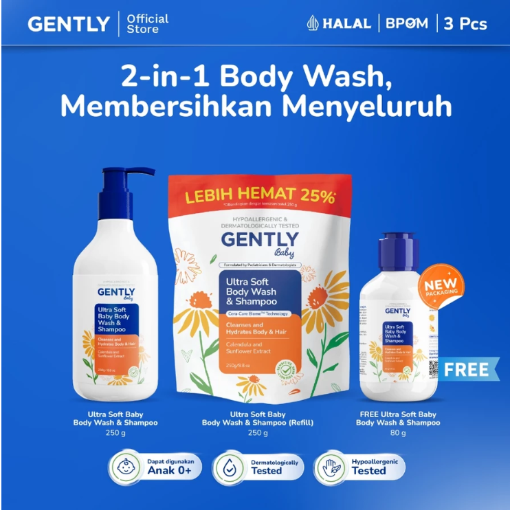 GENTLY Baby Ultra Soft Body Wash & Shampoo Pouch 250ml | Sabun & Shampoo Bayi  2in1 Menutrisi Kulit dan Rambut