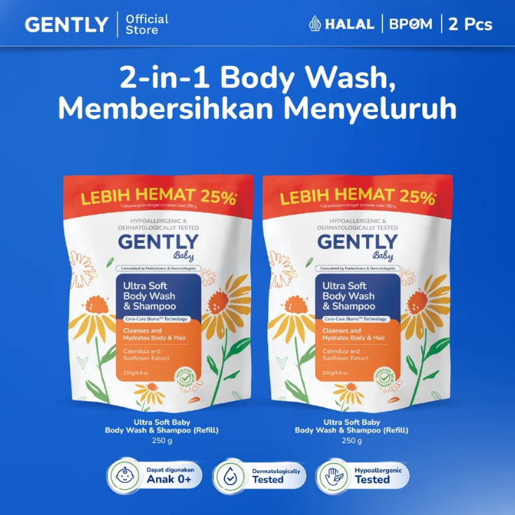 GENTLY Baby Ultra Soft Body Wash & Shampoo Pouch 250ml | Sabun & Shampoo Bayi  2in1 Menutrisi Kulit dan Rambut