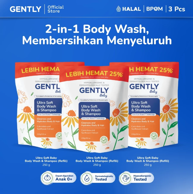 GENTLY Baby Ultra Soft Body Wash & Shampoo Pouch 250ml | Sabun & Shampoo Bayi  2in1 Menutrisi Kulit dan Rambut
