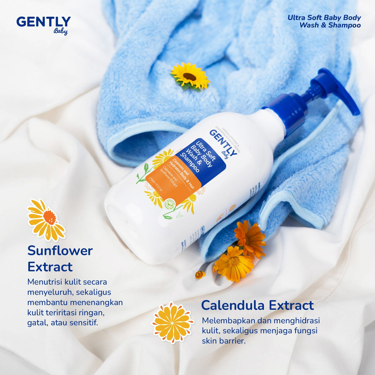 GENTLY Baby Ultra Soft Body Wash & Shampoo Pump 250ml | Sabun & Shampoo Bayi  2in1 Menutrisi Kulit dan Rambut
