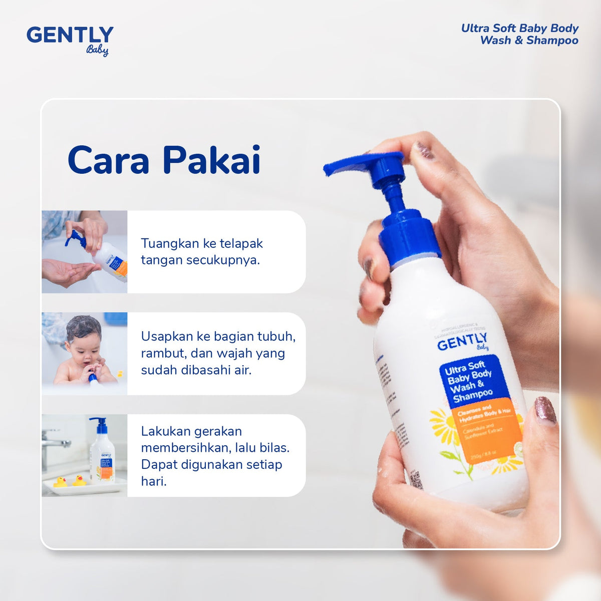GENTLY Baby Ultra Soft Body Wash & Shampoo Pump 250ml | Sabun & Shampoo Bayi  2in1 Menutrisi Kulit dan Rambut