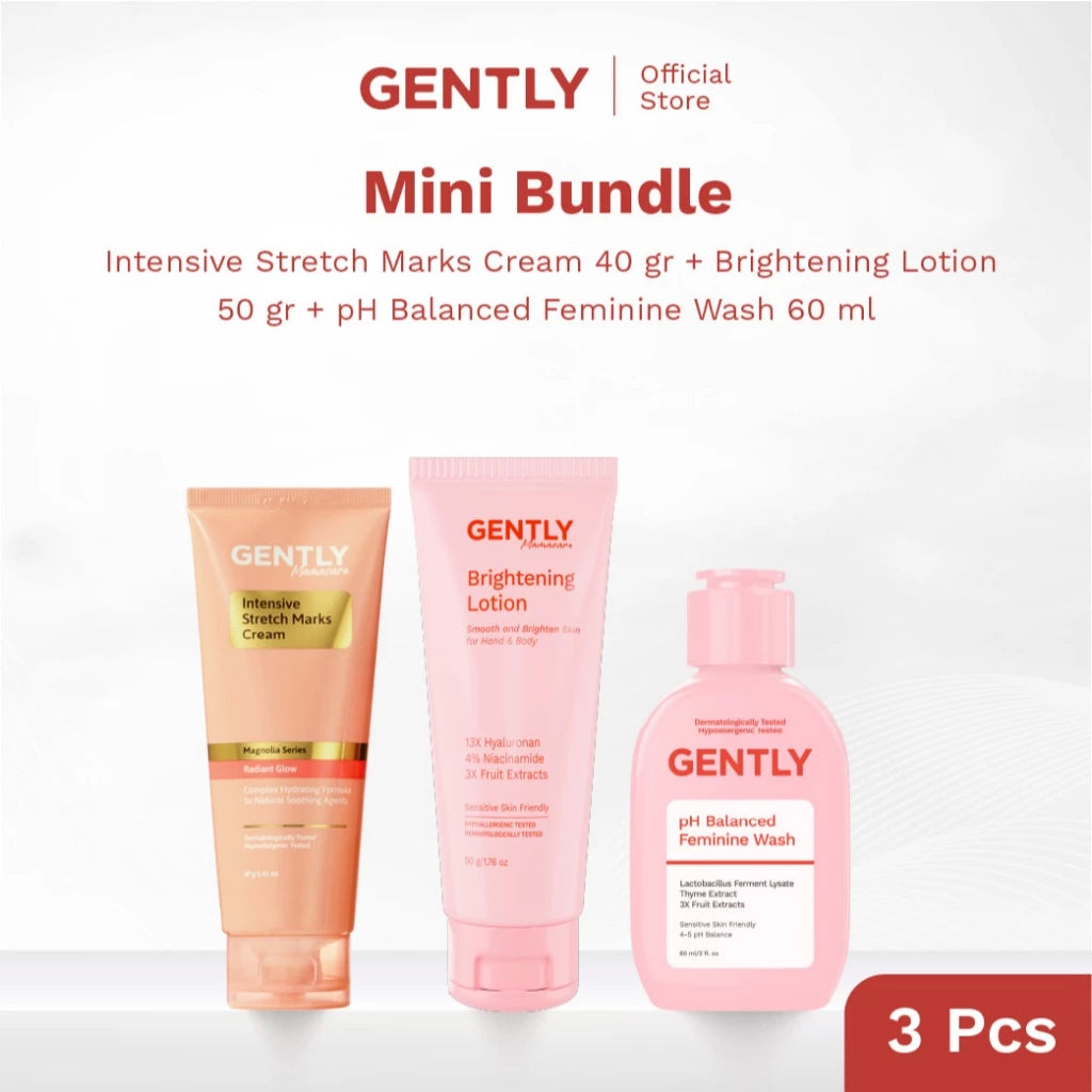 GENTLY Mini Bundle | Stretch Marks Cream 40g, Brightening Lotion 50g, & Feminine Wash Sabun Miss V 60ml | Natural & Lembut untuk kulit Sensitive - Dermatologically & Hypoallergenic